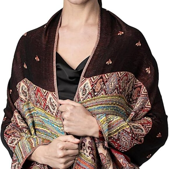 Achillea Reversible Bohemian Pashmina Ethnic Tribal Border Shawl Wrap Scarf - Picture 8 of 8